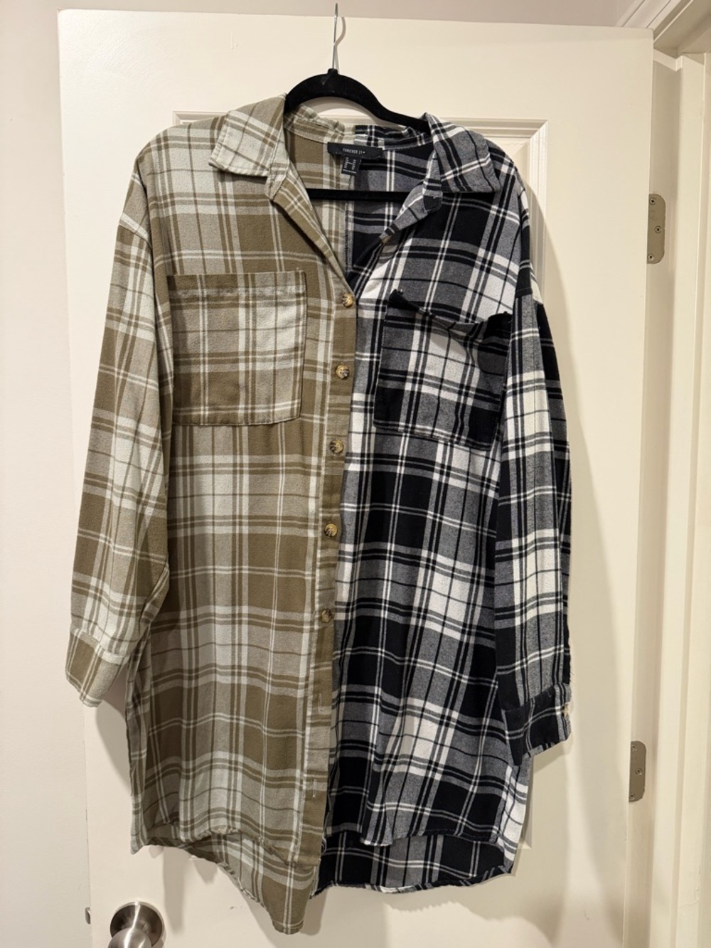 Forever 21 Two-Tone Plaid Button-Down Shirt - Olive Green & Black $25